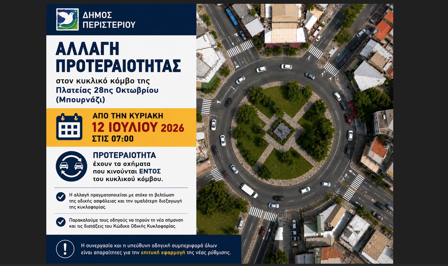 Αλλαγή προτεραιότητας στον κυκλικό κόμβο της Πλατείας 28ης Οκτωβρίου (Μπουρνάζι) 
