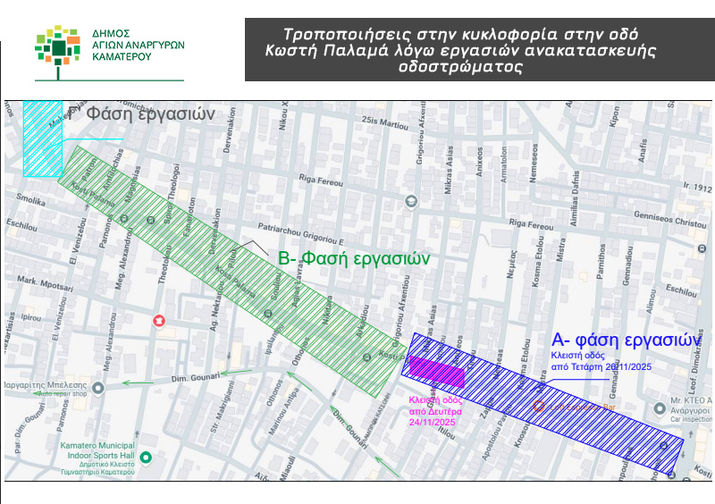 Άγιοι Ανάργυροι: τροποποιήσεις στην κυκλοφορία στην οδό Κωστή Παλαμά λόγω εργασιών ανακατασκευής οδοστρώματος