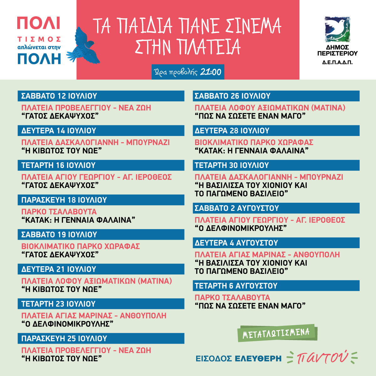 Θερινός Παιδικός Σινεμά 2025 στις πλατείες και παιδικές χαρές του Δήμου Περιστερίου