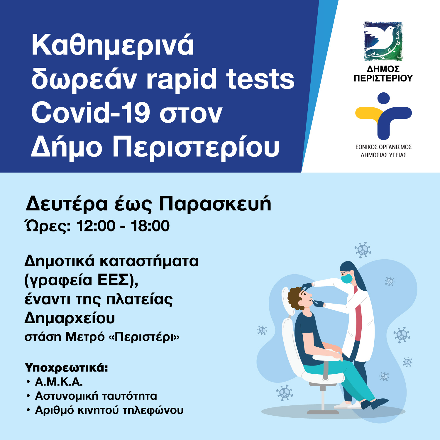 Περιστέρι, rapid test, covid 19 