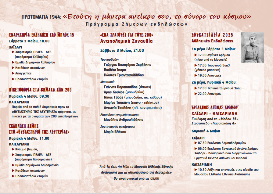 Το αναλυτικό πρόγραμμα των εκδηλώσεων για την 81η επέτειο της εκτέλεσης των 200 κομμουνιστών, την Πρωτομαγιά του 1944, Χαϊδάρι, Καισαριανή 