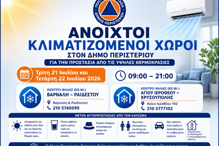 Ανοιχτοί κλιματιζόμενοι χώροι στον Δήμο Περιστερίου για την προστασία των πολιτών από τις υψηλές θερμοκρασίες