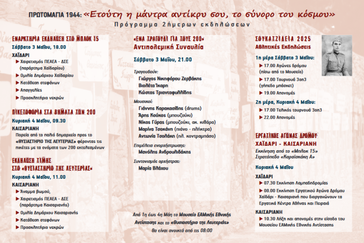 Το αναλυτικό πρόγραμμα των εκδηλώσεων για την 81η επέτειο της εκτέλεσης των 200 κομμουνιστών, την Πρωτομαγιά του 1944, Χαϊδάρι, Καισαριανή 